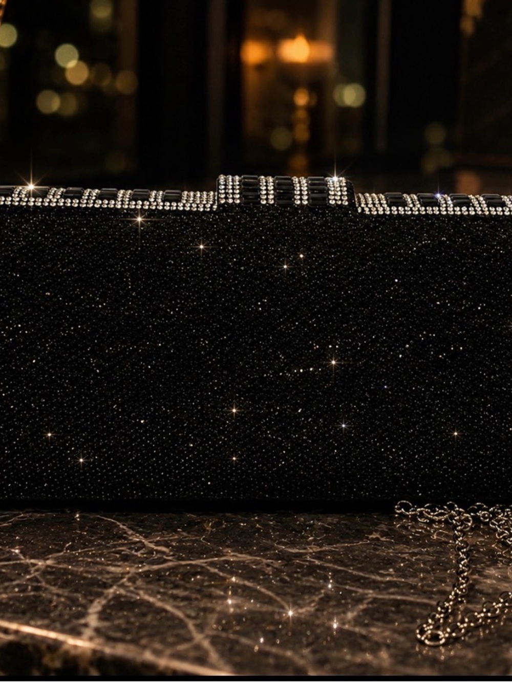 When Diamonds Wear Black Art Deco Inspired Bag Clutch-Chain Crystal GG - Picture 3 of 4